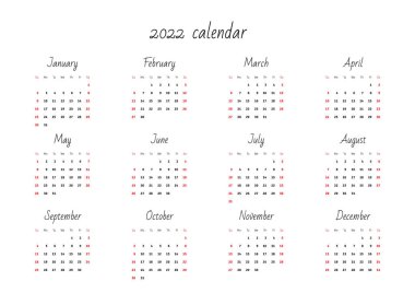 Aylık takvim 2022 şablonu. Vektör illüstrasyon 8 Eps.