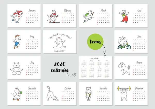 Salud Elección Calendario Mensual 2019 Plantilla Con Lindo Gato Atleta — Archivo Imágenes Vectoriales