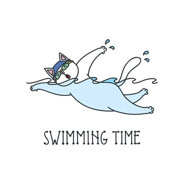 Hora Nadar Ilustración Divertido Nadador Gato Aislado Sobre Fondo Blanco — Vector de stock
