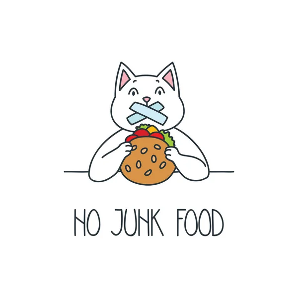 没有垃圾食品 有趣的猫拿着一个汉堡包的插图 隔离在白色背景上 节食或良好的健康概念 每股收益 — 图库矢量图片