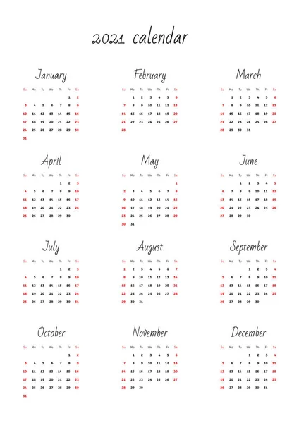Calendario Mensual Plantilla 2021 Ilustración Vectorial Eps — Vector de stock
