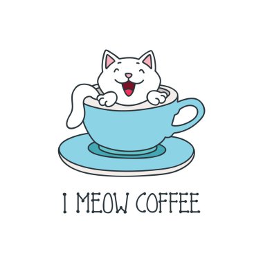 I meow coffee. Kawaii illustration of a happy cat sitting in a coffee cup isolated on white background. Vector 8 EPS. clipart