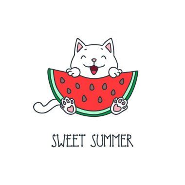 Güzel bir yaz. Onun pençeleri bir karpuz ile oturan sevimli bir kedi Kawaii illüstrasyon. Vektör 8 Eps.