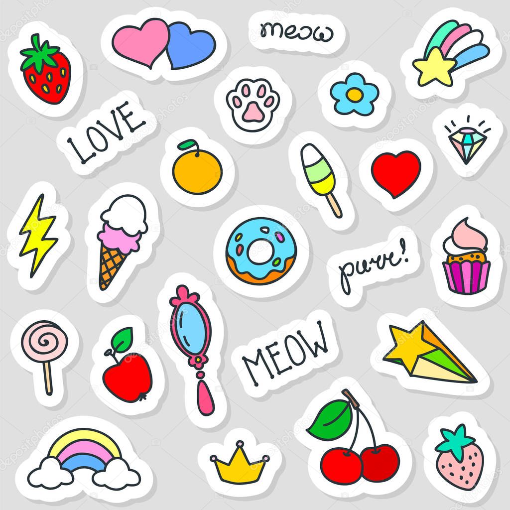 Set of cute stickers. Doodle illustration of kawaii objects: hearts, strawberry, ice-cream, diamond, cherry ets. Vector 8 EPS.