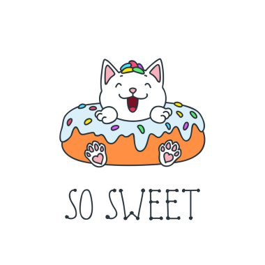 Çok tatlı! Sevimli bir kedi donut Kawaii illüstrasyon. Vektör 8 Eps.