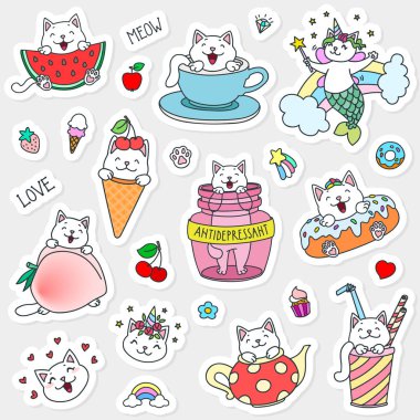 Kawaii kedi karakterleri ile çıkartmalar ayarlayın. Elle çizilmiş illüstrasyon. Vektör 8 Eps.