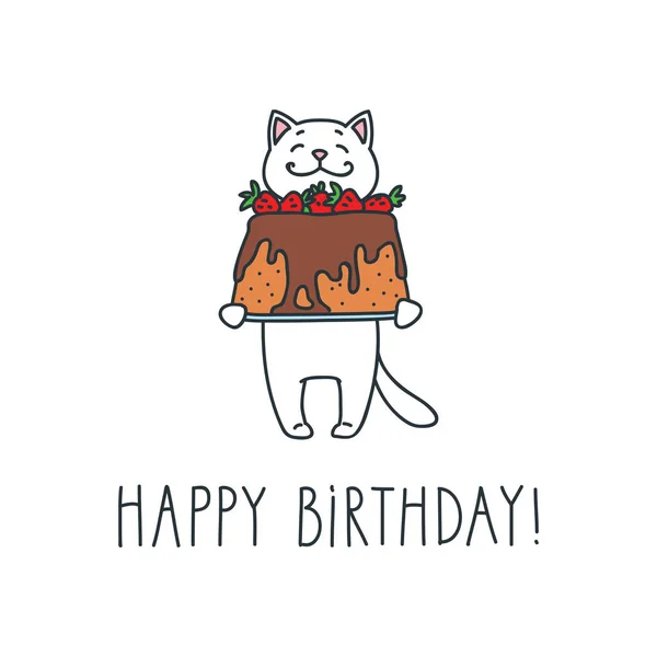 Feliz Cumpleaños Lindo Gato Blanco Con Pastel Aislado Blanco Ilustración — Vector de stock