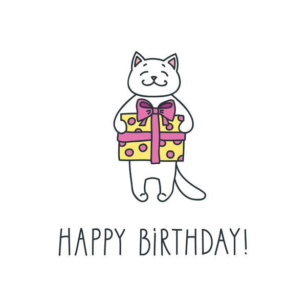 Feliz Cumpleaños Lindo Gato Blanco Con Regalo Aislado Blanco Ilustración — Vector de stock