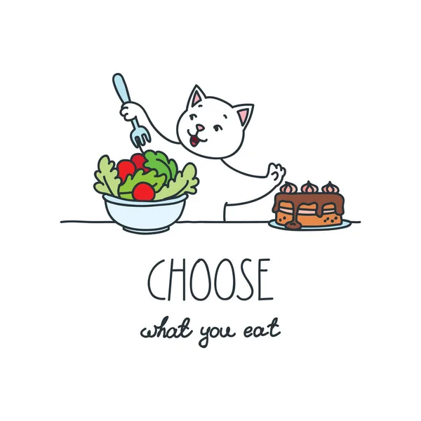 Wählen Sie Sie Essen Illustration Einer Lustigen Glücklichen Katze Die — Stockvektor