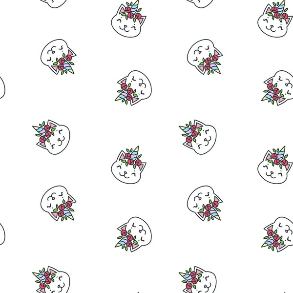 Motif Sans Couture Avec Des Visages Chat Licorne Kawaii Sur — Image vectorielle