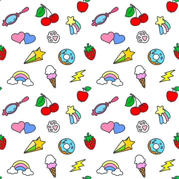 Fényes Varrat Nélküli Mintázat Donuts Rainbows Cseresznye Szív Stb Fehér — Stock Vector