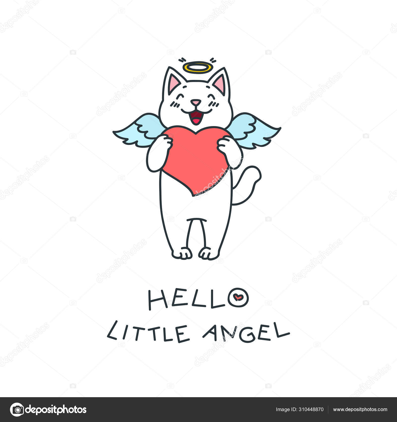 Hello Little Angel Kawaii Illustration Angel Cat Heart His Paws Stock