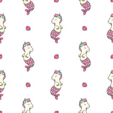 Beyaz arka plan üzerinde sevimli midilli denizkızları ile Dikişsiz desen. Vektör 8 Eps.