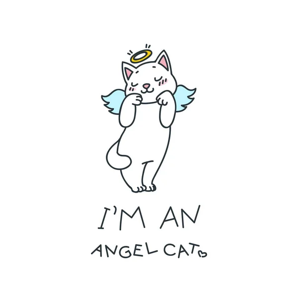 Sou Gato Anjo Ilustração Gato Branco Bonito Com Asas Anjo — Vetor de Stock