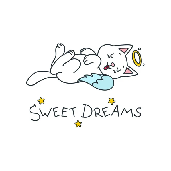 Süße Träume Kawaii Illustration Einer Schlafenden Engelskatze Vektor Eps — Stockvektor