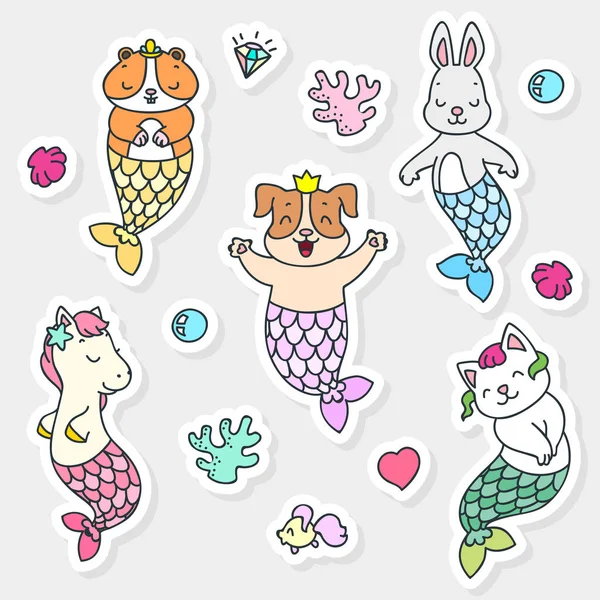 Set Kawaii Stickers Animal Mermaids Hand Drawn Illustration Vector Eps — Stock Vector