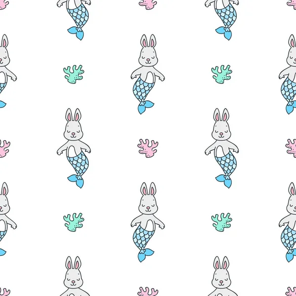 Seamless Pattern Cute Rabbit Mermaids Corals White Background Vector Eps — Stock Vector