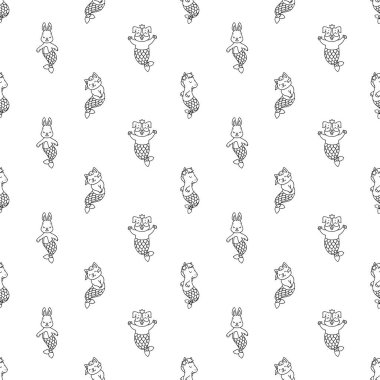 Şirin hayvan denizkızlarıyla siyah-beyaz desenli. Vektör 8 Eps.