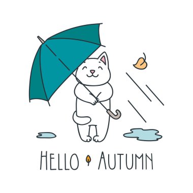 Merhaba sonbahar. Kötü havada şemsiye altında sevimli beyaz kedinin karalama çizimi. Vektör 8 Eps