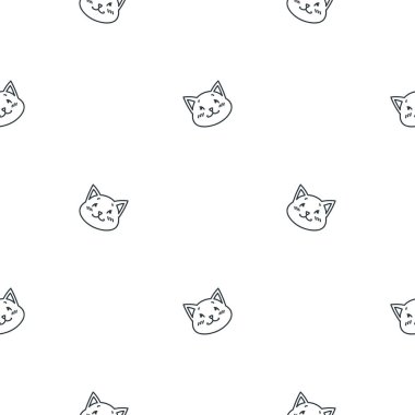 Siyah-beyaz kedi deseni. Beyaz arka planda karalama yapan kedi yüzlü şirin, pürüzsüz bir desen. Vektör illüstrasyonu 8 Eps.
