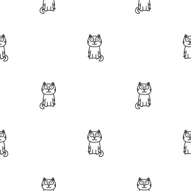 Komik kedi deseni. Beyaz arka planda karalama kedileri olan siyah-beyaz, pürüzsüz bir desen. Vektör 8 eps