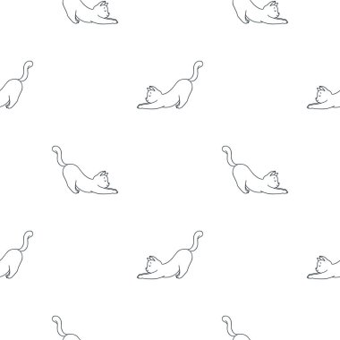 Esneyen kedi deseni. Beyaz arka planda gerinen mutlu beyaz kedilerin hoş, kusursuz deseni. Vektör illüstrasyonu 8 Eps.