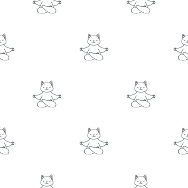 Yoga kedi deseni. Beyaz arka planda, yoga nilüferindeki sevimli kedilerin siyah-beyaz desenleri. Vektör 8 eps