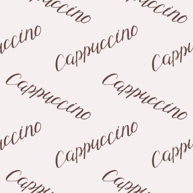 Kusursuz kahve kalıbı. Cappuccino kelimesiyle elle çizilmiş arka plan. Vektör 8 Eps.