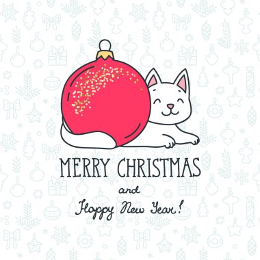 Mutlu Noeller ve mutlu yıllar. Noel süslemelerinin pürüzsüz arka planında duran şirin beyaz kedinin el çizimi. Vektör 8 Eps
