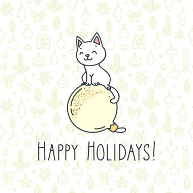 Mutlu Noeller ve mutlu yıllar. Noel süslemelerinin pürüzsüz arka planında altın Noel balosunda oturan sevimli beyaz kedinin el çizimi. Vektör 8 Eps