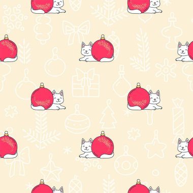 Kış tatili modeli. Mutlu beyaz kedilerin Noel süslemelerinin arka planında Noel toplarıyla oynamalarının hoş, pürüzsüz deseni. Vektör illüstrasyonu 8 Eps.