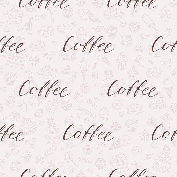 Zökkenőmentes Kávé Minta Kézzel Rajzolt Dísze Szó Kávé Háttérben Körvonalazott — Stock Vector