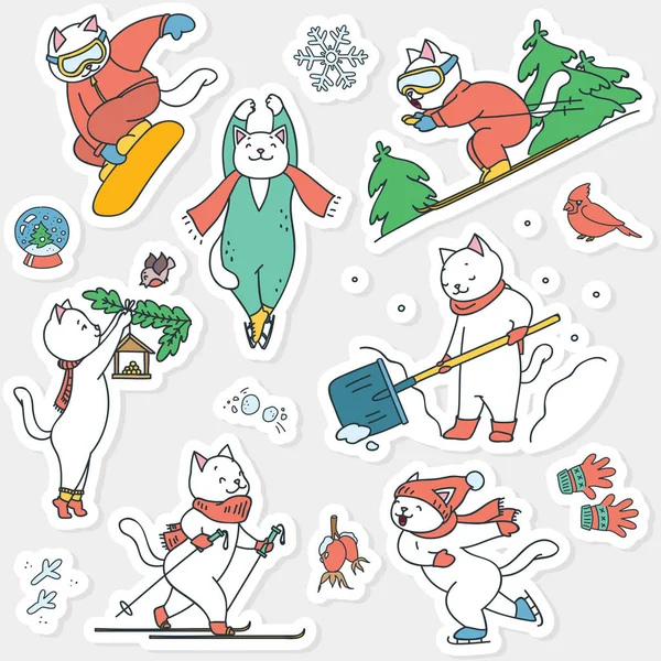 Pegatinas Invierno Con Gatos Ilustración Doodle Lindos Gatos Blancos Disfrutando — Archivo Imágenes Vectoriales