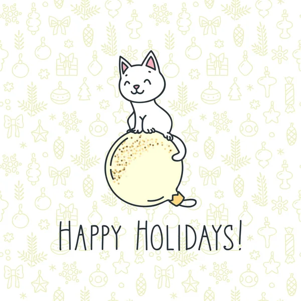 Joyeux Noël Bonne Année Illustration Dessinée Main Chat Blanc Mignon — Image vectorielle