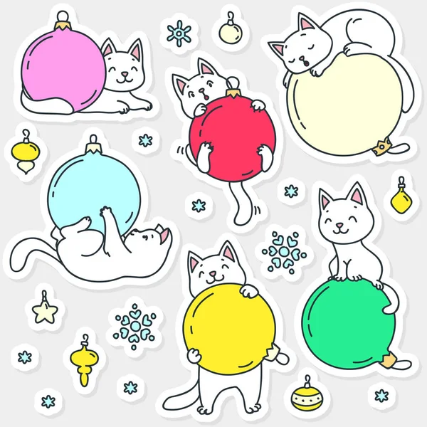 Adesivos Férias Inverno Com Gatos Doodle Ilustração Gatos Brancos Bonitos — Vetor de Stock