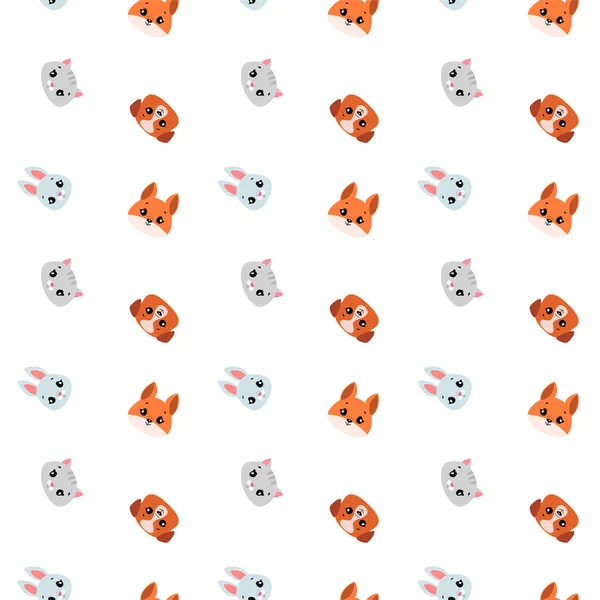 Seamless Pattern Cartoon Animal Faces White Background Cute Childish Print — Stock Vector