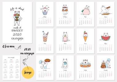 Hayat kısadır. Tatlı olsun. Aylık takvim 2020 sevimli beyaz kediler ve şekerlerle dolu. İkramiye - 2021 takvimi. Rus dili. Vektör illüstrasyonu 8 Eps.