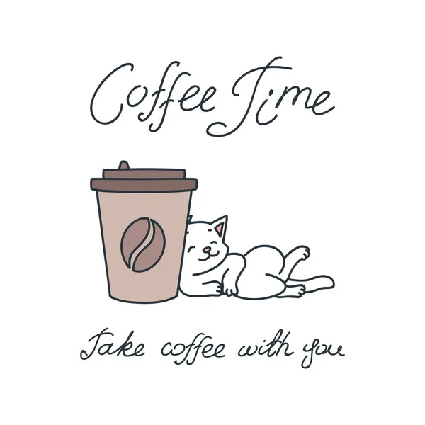 Coffee Time Возьмите Собой Кофе Иллюстрация Кошки Кавайи Бумажной Чашкой — стоковый вектор