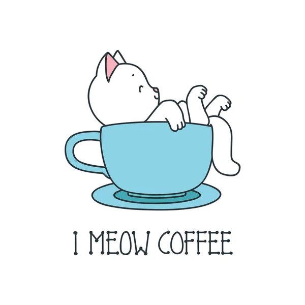 Мяу Кофе Иллюстрация Кавайи Счастливой Кошки Сидящей Кофейной Чашке Белом — стоковый вектор
