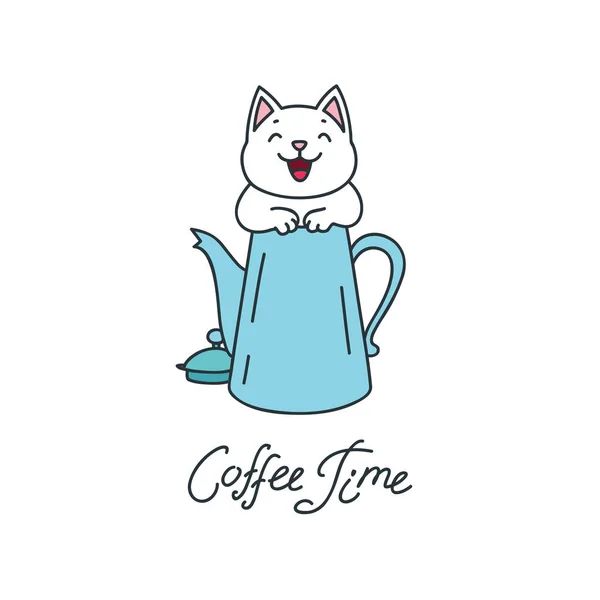 Время Кофе Иллюстрация Кавайи Счастливой Кошки Сидящей Кофейнике Белом Фоне — стоковый вектор