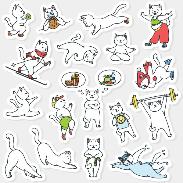 Conjunto Adesivos Estilo Vida Saudável Ilustração Engraçada Gatos Brancos Bonitos — Vetor de Stock