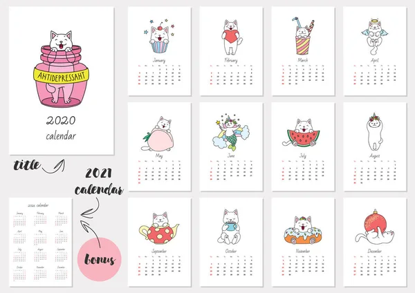 Antidépresseur Modèle Calendrier Mensuel 2020 Avec Chat Blanc Kawaii Bonus — Image vectorielle