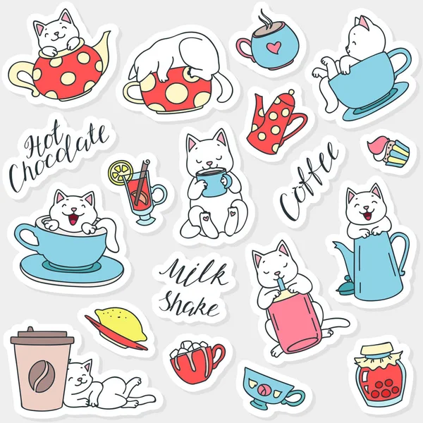 飲料や猫のステッカーセット コーヒーと紅茶のカップ コーヒーポット ミルクシェイクなどのかわいい白い猫 ベクトル8 Eps — ストックベクタ