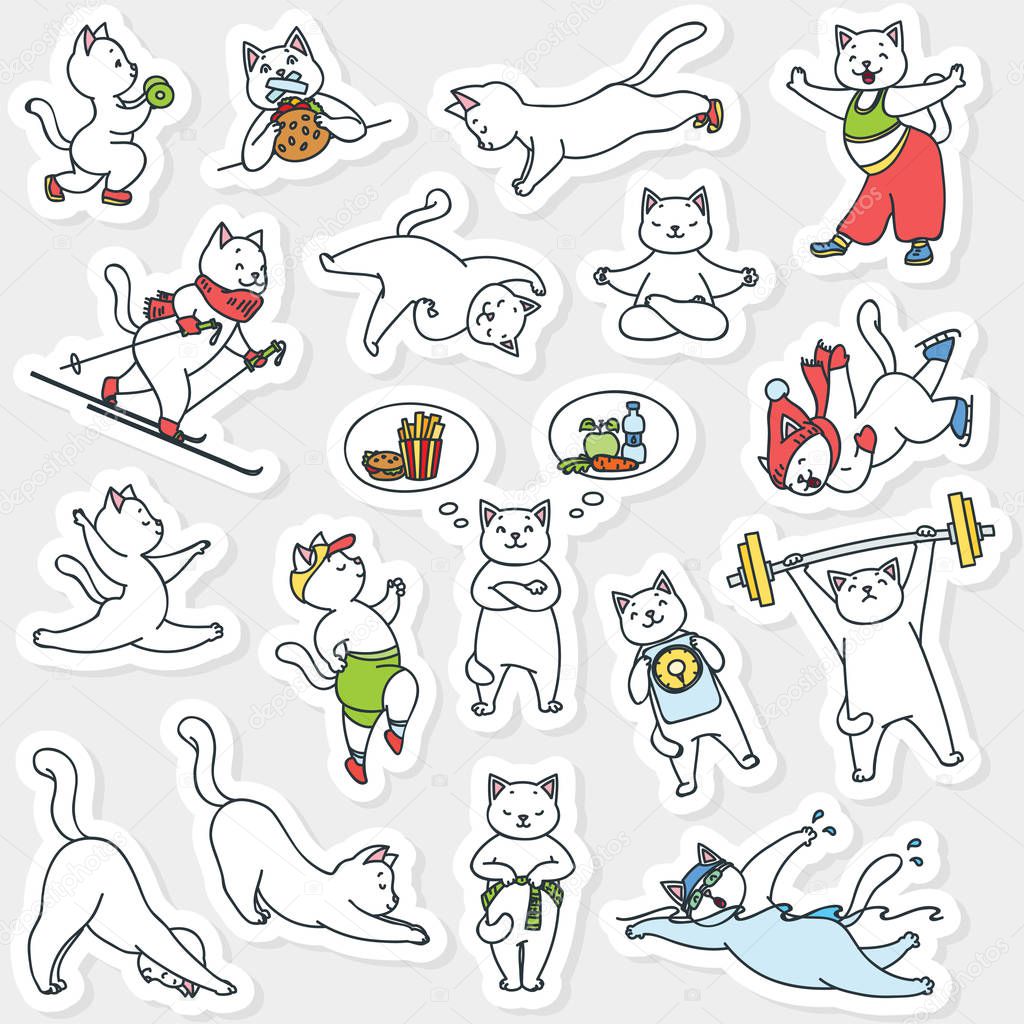 Set of healthy lifestyle stickers. Funny illustration of cute white cats doing physical activity. Vector 8 EPS.