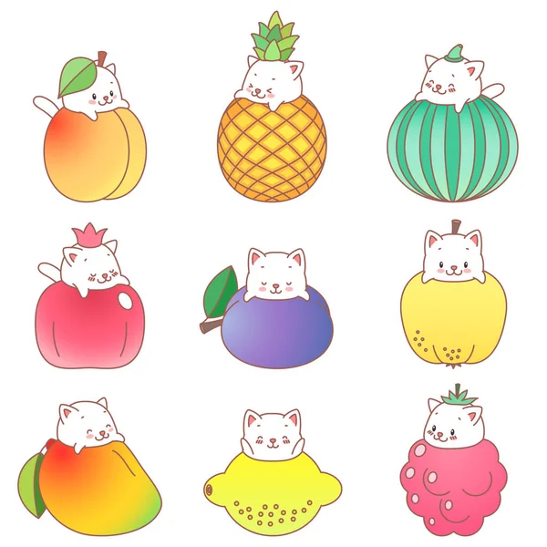 Kawaii Set Gattini Illustrazione Simpatico Gattino Bianco Con Frutti Isolati — Vettoriale Stock