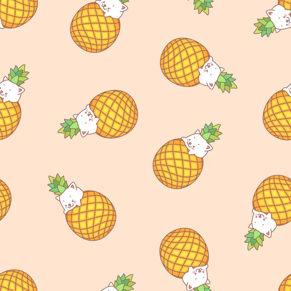 Ananas Muster Illustration Von Niedlichen Weißen Kätzchen Mit Ananas Auf — Stockvektor