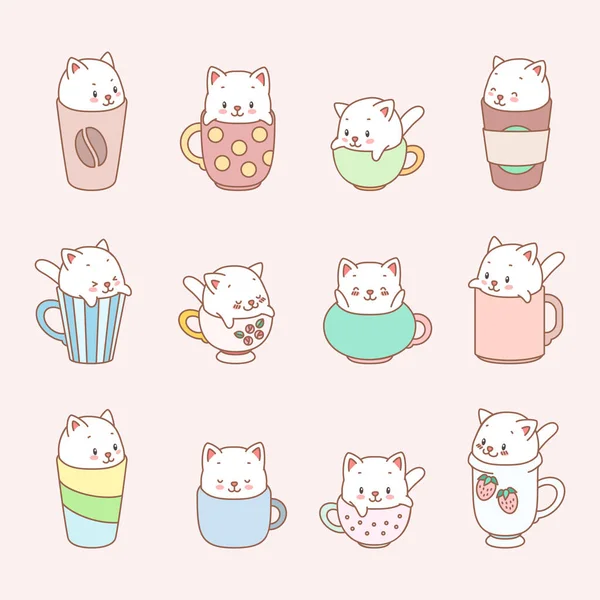 Kawaii Conjunto Gatitos Ilustración Lindo Gatito Blanco Sentado Las Copas Ilustración de stock