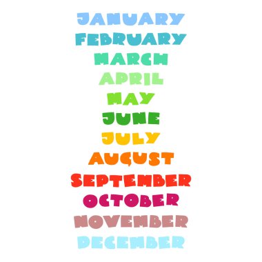 Aylık isimler. Çizgi film tarzında çizilmiş yılın aylarının komik parlak bir illüstrasyonu. Koleksiyon defteri, takvim ya da liste yapmak için kullanılabilir. Vektör 8 EPS.