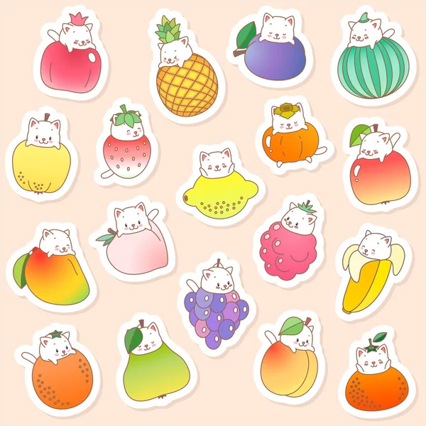 Set Kawaii Stickers Illustration Cute White Kittens Fruits Vector Eps — Stock Vector