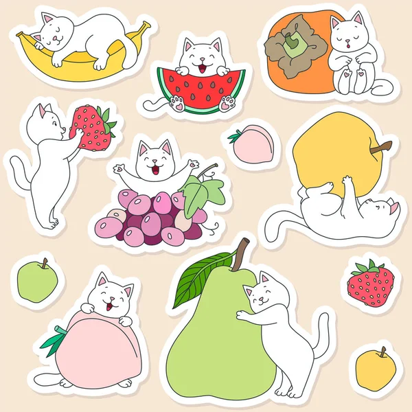 Conjunto Adesivos Kawaii Ilustração Bonito Gatos Brancos Com Frutas Vetor — Vetor de Stock